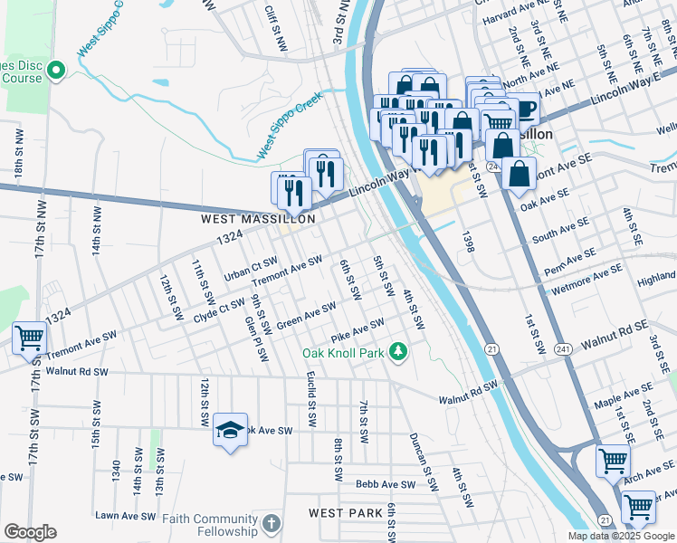 map of restaurants, bars, coffee shops, grocery stores, and more near 525 Tremont Avenue Southwest in Massillon