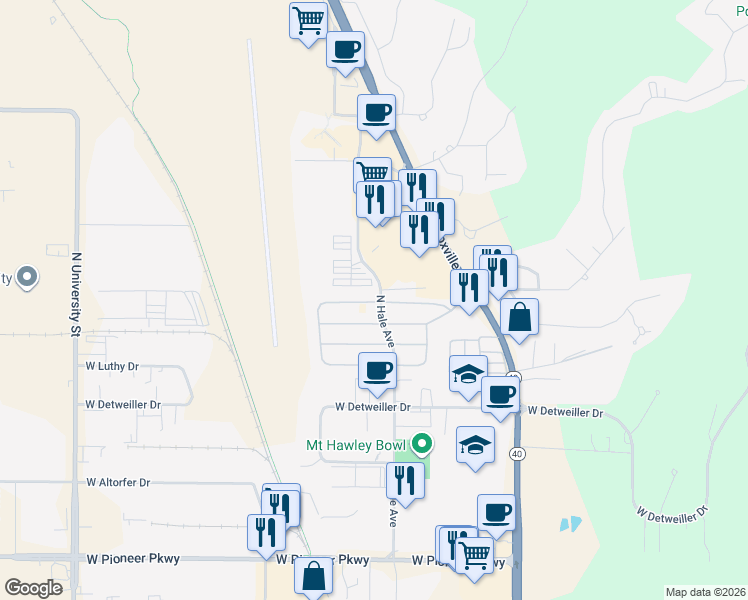 map of restaurants, bars, coffee shops, grocery stores, and more near 8900-9098 North Hale Avenue in Peoria