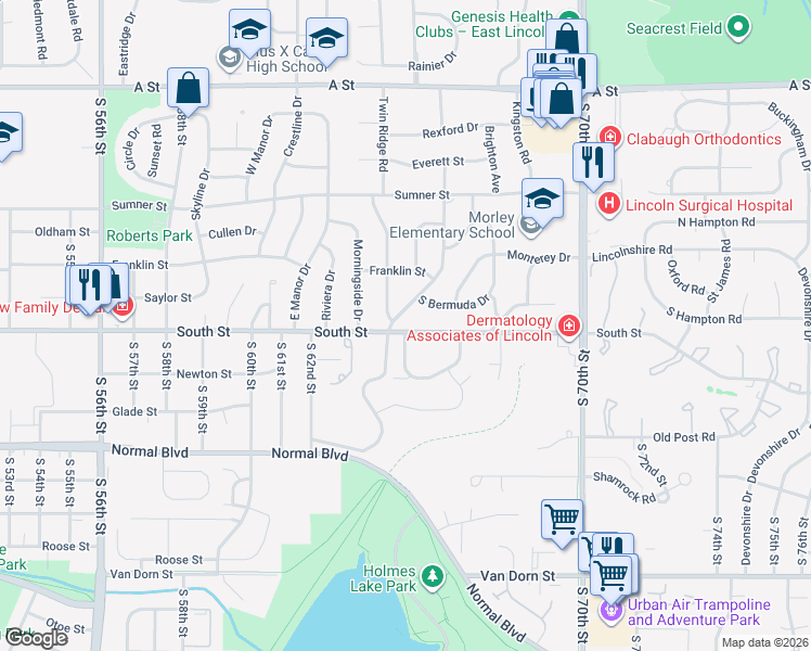 map of restaurants, bars, coffee shops, grocery stores, and more near 6631 South Bermuda Drive in Lincoln