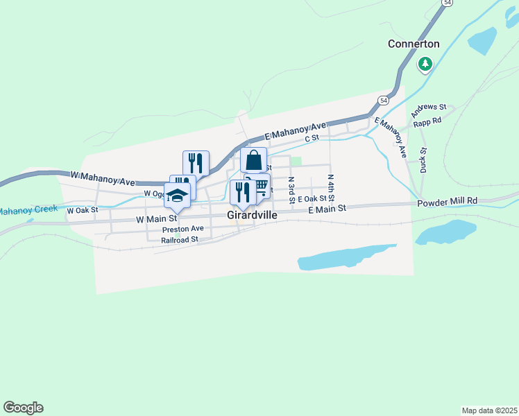 map of restaurants, bars, coffee shops, grocery stores, and more near 112 East Main Street in Girardville