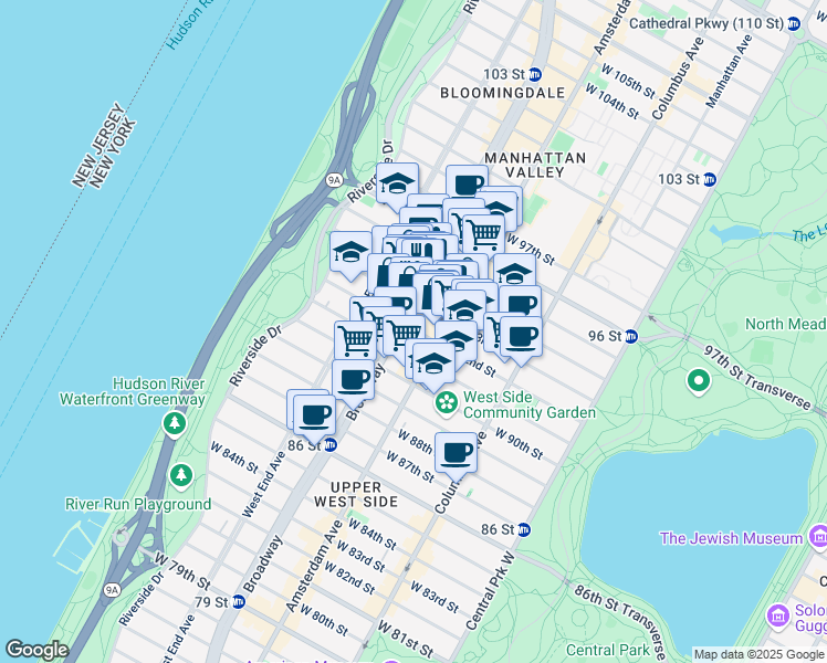 map of restaurants, bars, coffee shops, grocery stores, and more near 212 West 92nd Street in New York