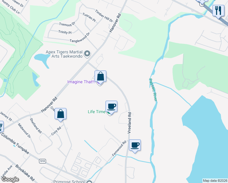 map of restaurants, bars, coffee shops, grocery stores, and more near 6 Vreeland Road in Florham Park