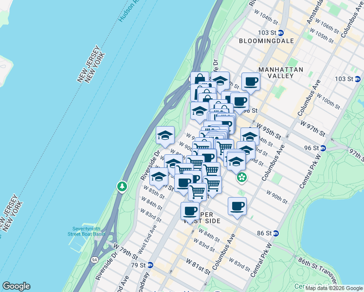 map of restaurants, bars, coffee shops, grocery stores, and more near 187 Riverside Drive in New York