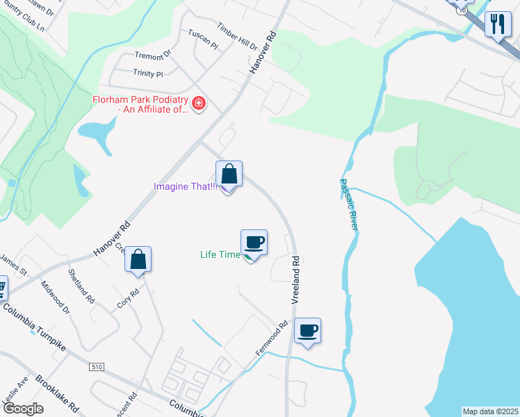 map of restaurants, bars, coffee shops, grocery stores, and more near 6 Vreeland Road in Florham Park