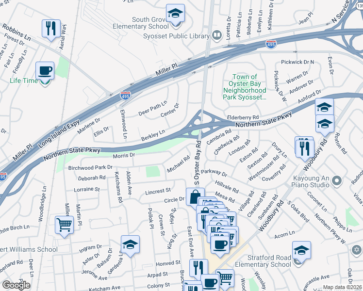 map of restaurants, bars, coffee shops, grocery stores, and more near 110 Birchwood Park Drive in Syosset