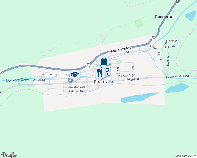 map of restaurants, bars, coffee shops, grocery stores, and more near 16 East Main Street in Girardville