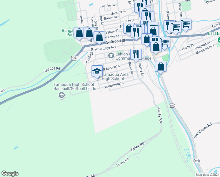 map of restaurants, bars, coffee shops, grocery stores, and more near 244 Orwigsburg Street in Tamaqua