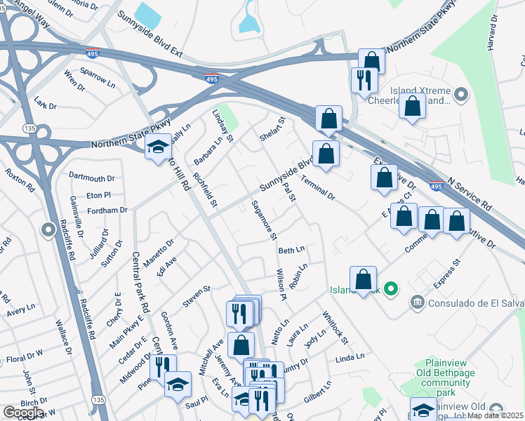 map of restaurants, bars, coffee shops, grocery stores, and more near 36 Sagamore Street in Plainview