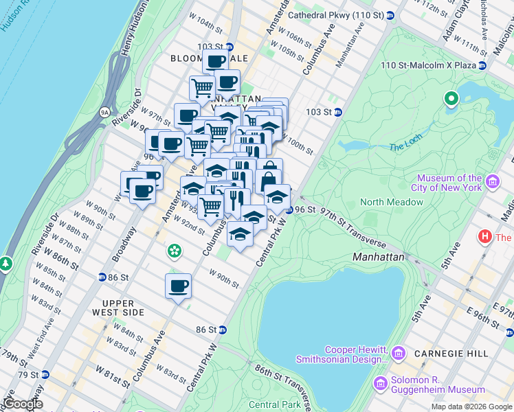 map of restaurants, bars, coffee shops, grocery stores, and more near 49 West 95th Street in New York