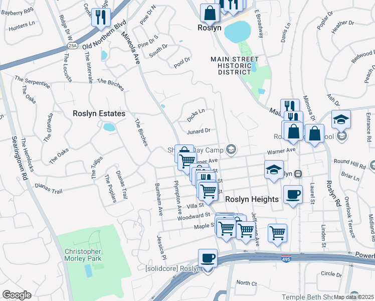 map of restaurants, bars, coffee shops, grocery stores, and more near 14 Hillside Avenue in Roslyn Heights