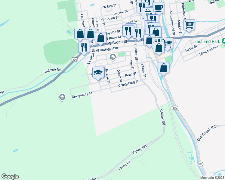 map of restaurants, bars, coffee shops, grocery stores, and more near 240 Orwigsburg Street in Tamaqua