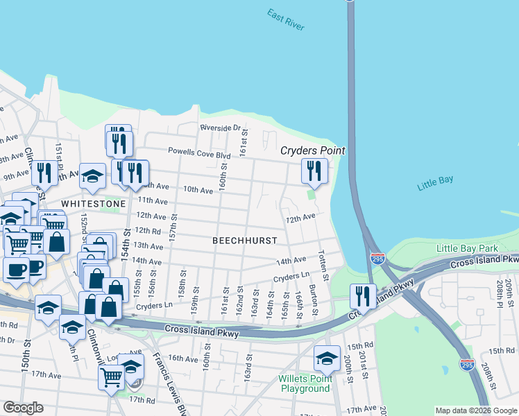 map of restaurants, bars, coffee shops, grocery stores, and more near 10-21 162nd Street in Queens