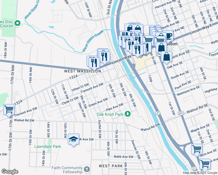 map of restaurants, bars, coffee shops, grocery stores, and more near 301 6th Street Southwest in Massillon