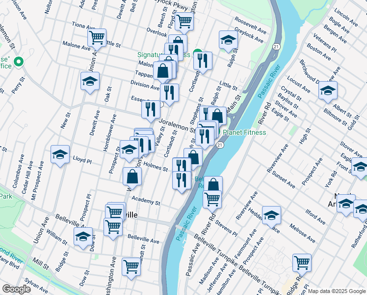 map of restaurants, bars, coffee shops, grocery stores, and more near 342-344 Cortlandt Street in Belleville