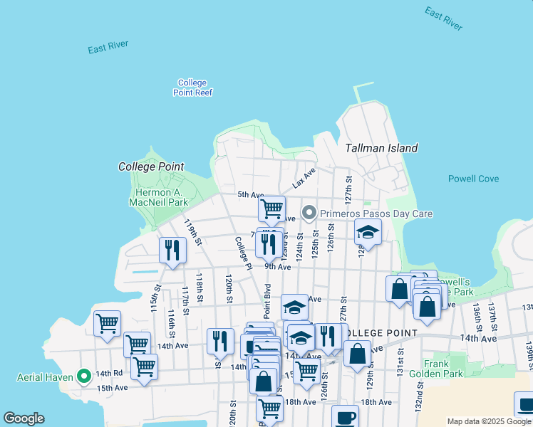 map of restaurants, bars, coffee shops, grocery stores, and more near 121-61 6th Avenue in Queens