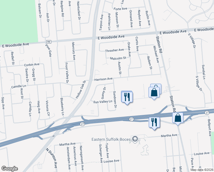 map of restaurants, bars, coffee shops, grocery stores, and more near 2 Sundown Drive in Bellport