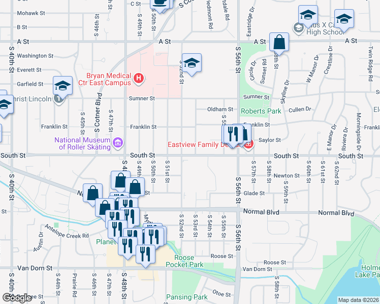 map of restaurants, bars, coffee shops, grocery stores, and more near 5228 South Street in Lincoln