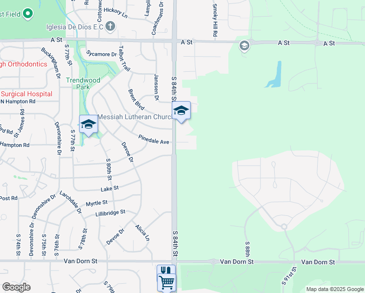 map of restaurants, bars, coffee shops, grocery stores, and more near 8400 Pinedale Avenue in Lincoln