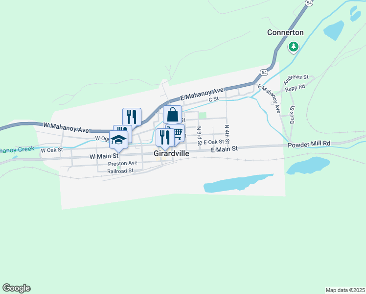 map of restaurants, bars, coffee shops, grocery stores, and more near 133 A Street in Girardville