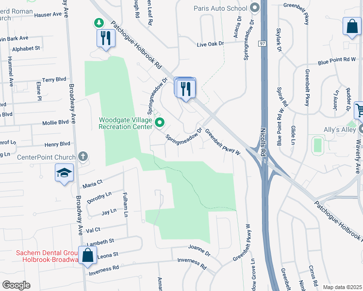 map of restaurants, bars, coffee shops, grocery stores, and more near 209G Springmeadow Drive in Holbrook