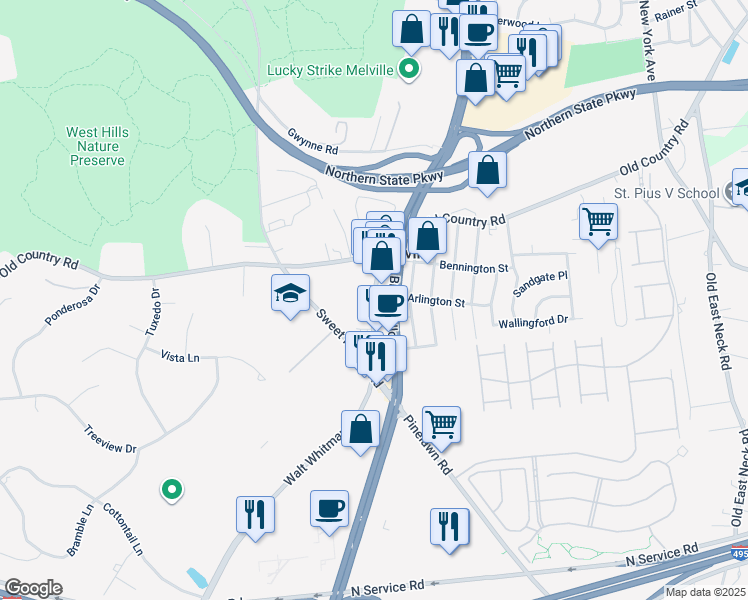 map of restaurants, bars, coffee shops, grocery stores, and more near 14 Broadhollow Road in Melville
