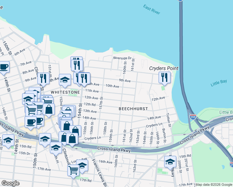 map of restaurants, bars, coffee shops, grocery stores, and more near 157-38 10th Avenue in Queens