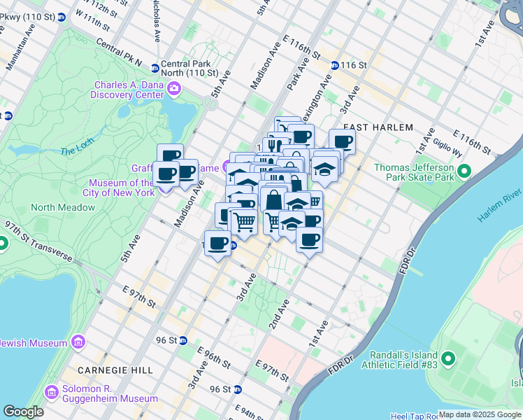 map of restaurants, bars, coffee shops, grocery stores, and more near 156 East 107th Street in New York