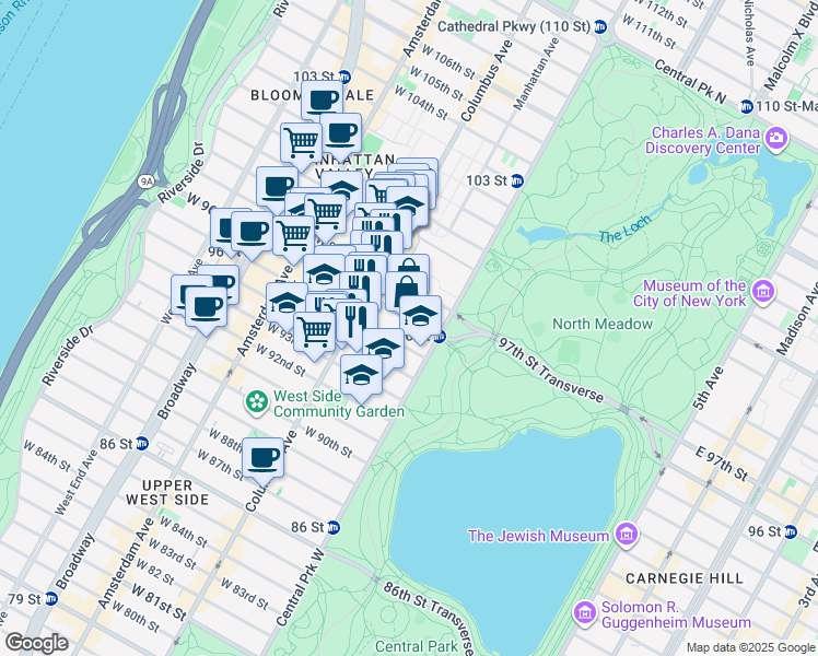 map of restaurants, bars, coffee shops, grocery stores, and more near 65 West 96th Street in New York