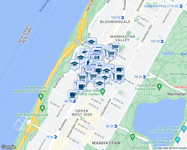 map of restaurants, bars, coffee shops, grocery stores, and more near 2481 Broadway in New York