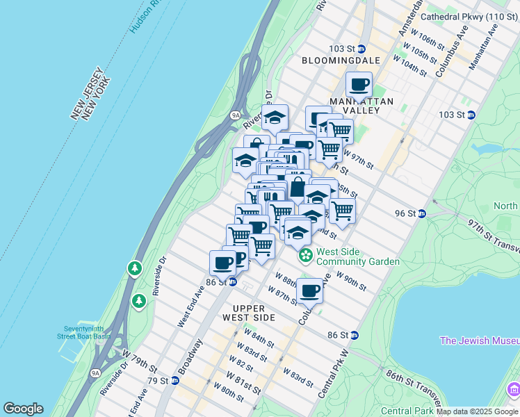 map of restaurants, bars, coffee shops, grocery stores, and more near 2481 Broadway in New York