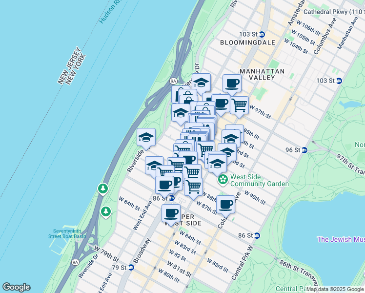 map of restaurants, bars, coffee shops, grocery stores, and more near 665 West End Avenue in New York