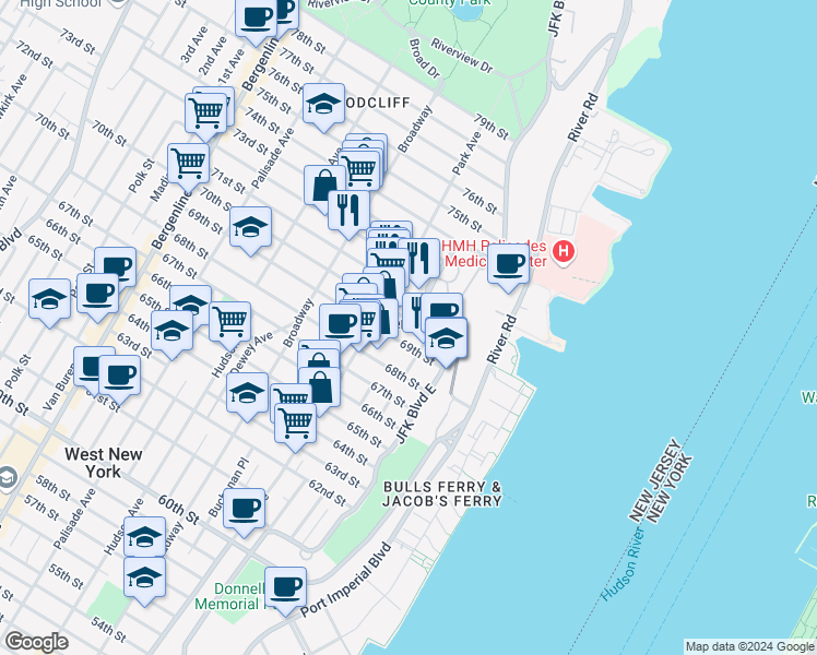 map of restaurants, bars, coffee shops, grocery stores, and more near 78 70th Street in Guttenberg