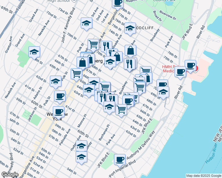 map of restaurants, bars, coffee shops, grocery stores, and more near 300 67th Street in West New York