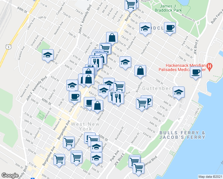 map of restaurants, bars, coffee shops, grocery stores, and more near 6600 Palisade Avenue in West New York