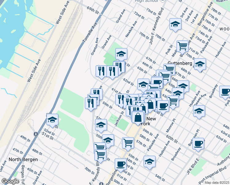 map of restaurants, bars, coffee shops, grocery stores, and more near 642 61st Street in West New York
