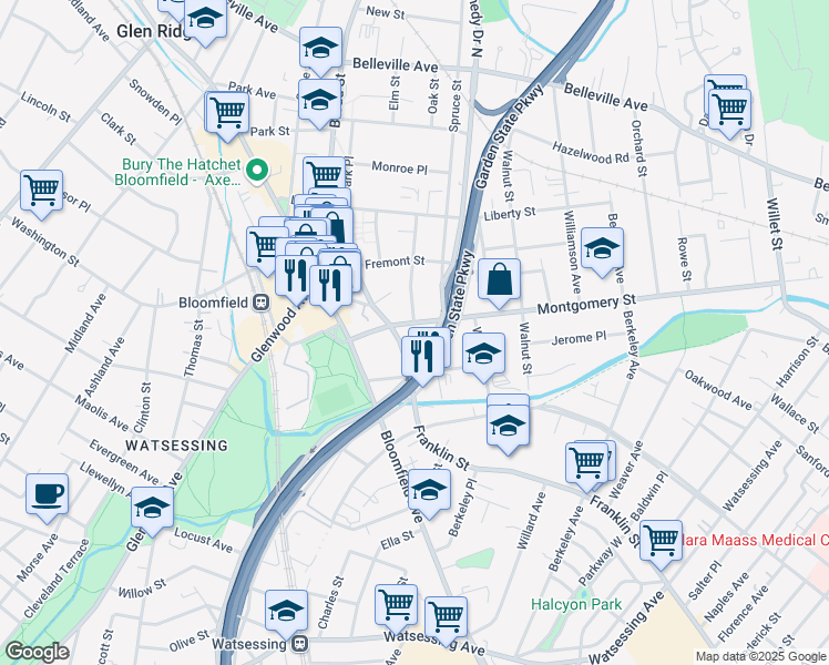 map of restaurants, bars, coffee shops, grocery stores, and more near 307 Montgomery Street in Bloomfield