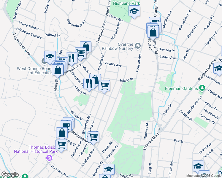 map of restaurants, bars, coffee shops, grocery stores, and more near 12 High Street in West Orange