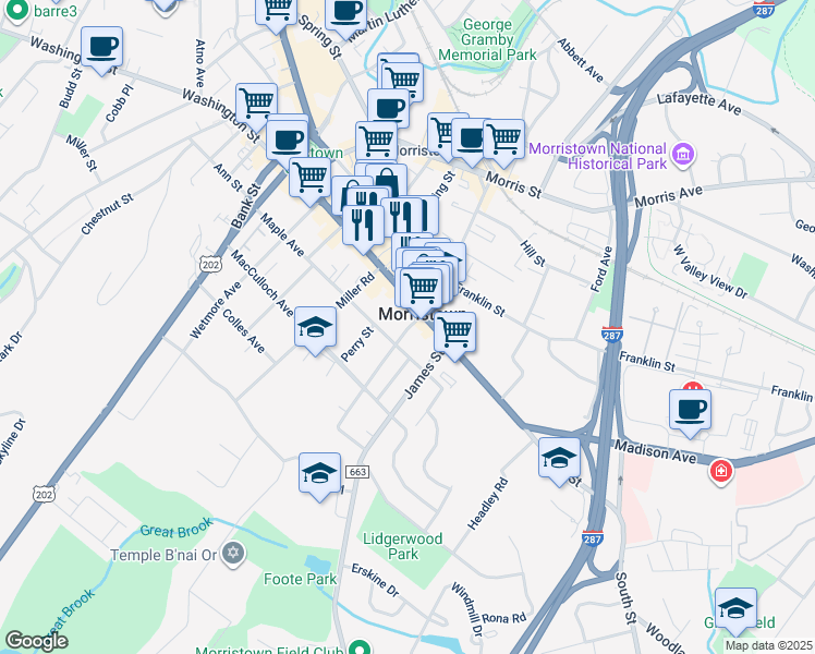 map of restaurants, bars, coffee shops, grocery stores, and more near in Morristown