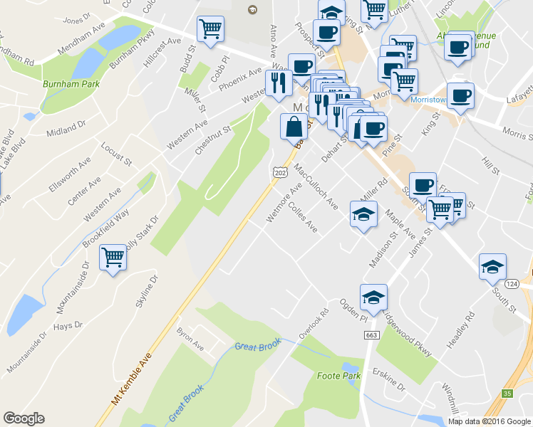 map of restaurants, bars, coffee shops, grocery stores, and more near 38 Mount Kemble Avenue in Morristown