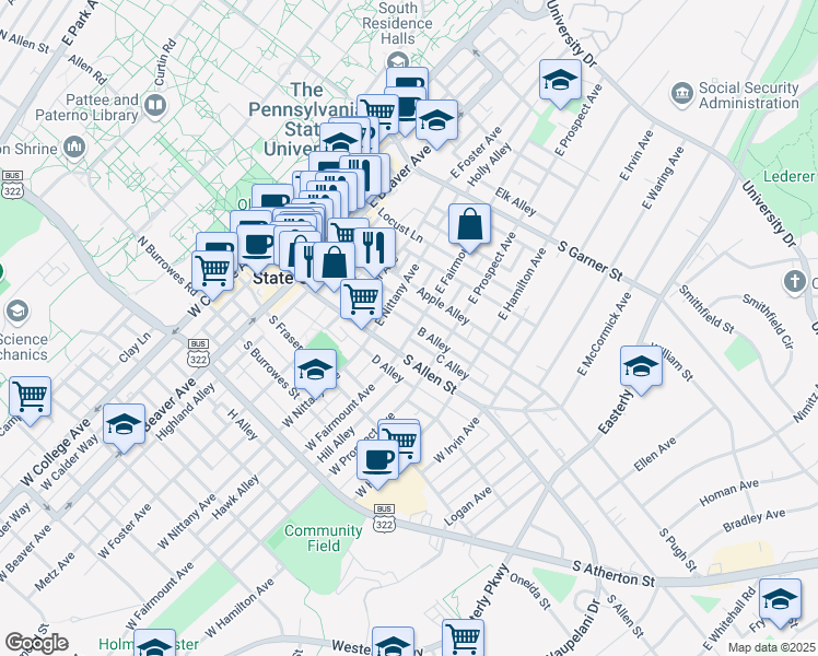 map of restaurants, bars, coffee shops, grocery stores, and more near 414 South Pugh Street in State College