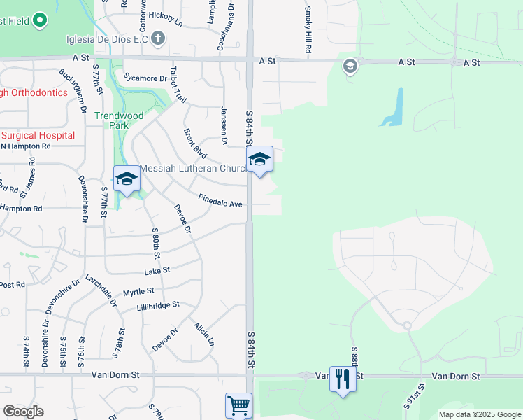 map of restaurants, bars, coffee shops, grocery stores, and more near 8400 Pinedale Avenue in Lincoln