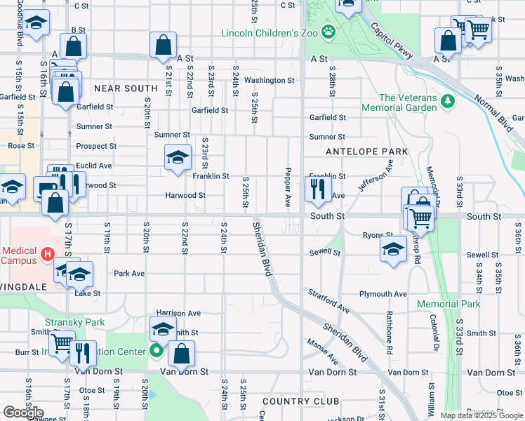 map of restaurants, bars, coffee shops, grocery stores, and more near 1952 South 25th Street in Lincoln