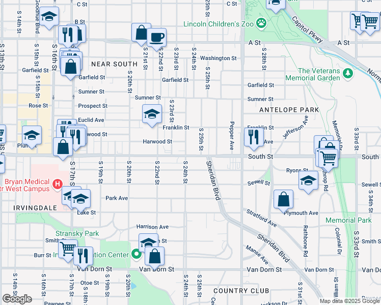 map of restaurants, bars, coffee shops, grocery stores, and more near 2010 South 24th Street in Lincoln
