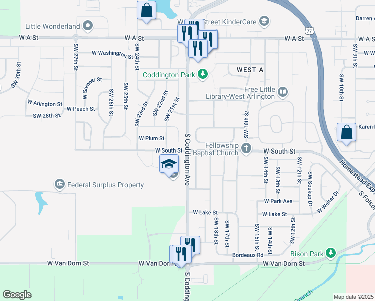 map of restaurants, bars, coffee shops, grocery stores, and more near S Coddington Ave & W South St in Lincoln