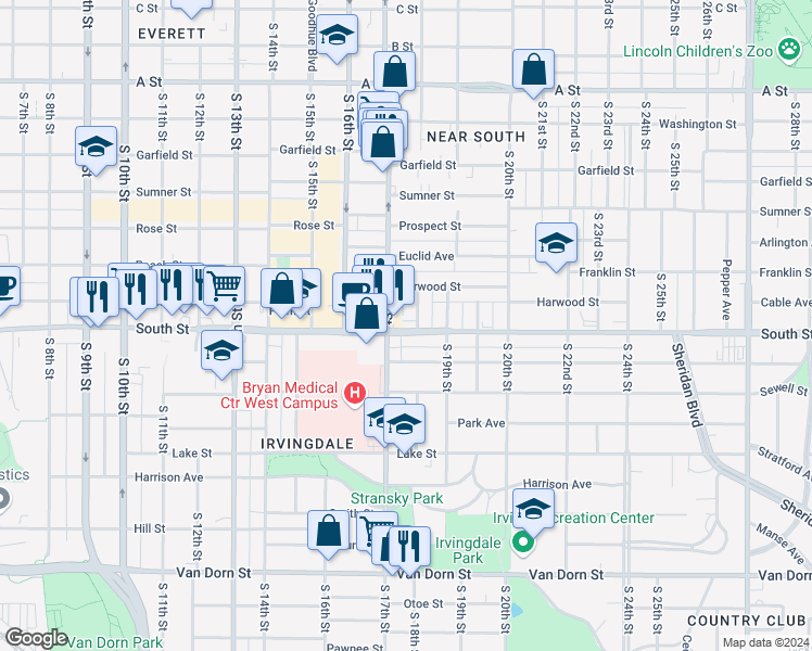 map of restaurants, bars, coffee shops, grocery stores, and more near 1748 South Street in Lincoln