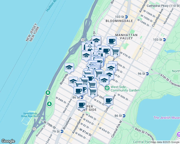 map of restaurants, bars, coffee shops, grocery stores, and more near 257 West 91st Street in New York