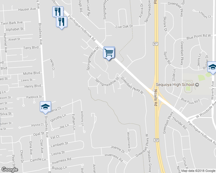map of restaurants, bars, coffee shops, grocery stores, and more near 206 Springmeadow Drive in Holbrook