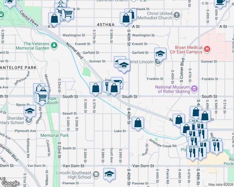 map of restaurants, bars, coffee shops, grocery stores, and more near 1919 South 40th Street in Lincoln