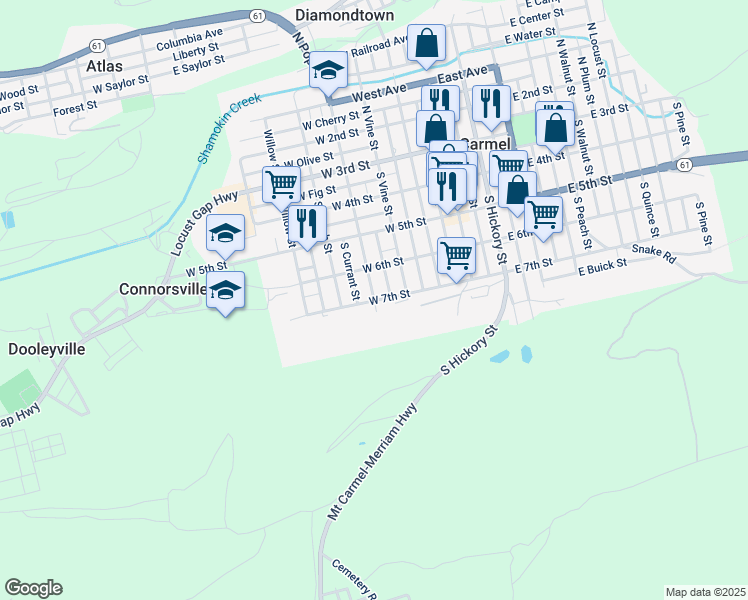 map of restaurants, bars, coffee shops, grocery stores, and more near 399 S Poplar St in Mt Carmel