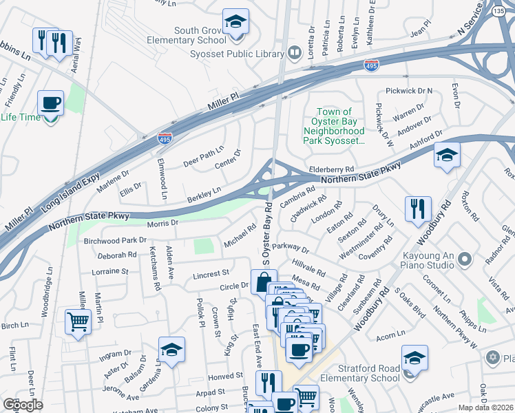 map of restaurants, bars, coffee shops, grocery stores, and more near 110 Birchwood Park Drive in Syosset